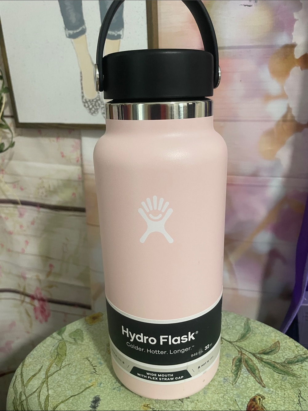 Hydro Flask Pale Pink Wide Mouth Bottle with Black Lid